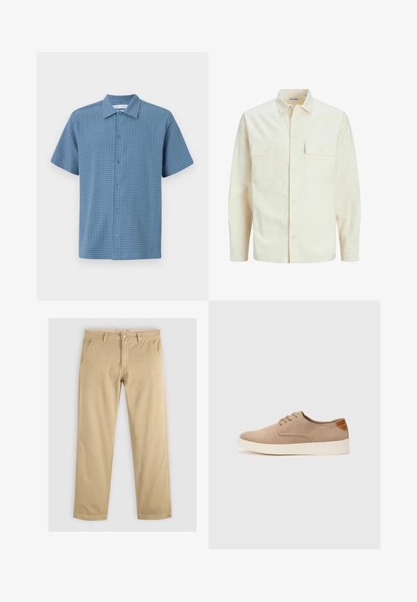 Svetlo bež srajca z dolgimi rokavi, ovratnim izrezom, dvema sprednjima žepoma, zapenjanjem na gumbe in teksturirano tkanino.; Srajca s kratkimi rokavi, svetlo modre barve, iz teksturirane tkanine, ki ima vzorec mreže in klasičen ovratnik. Šest gumbov za zapiranje na sprednji strani.; Khaki chinos s ravnim nogavicama, ki imajo dva sprednja žepa in pas z zadnjimi zankami. Narejeni so iz mehkega, trpežnega bombažnega materiala.; Bež tkanine usnjene superge z zaobljenim nosom, vezalkami na sprednji strani in teksturiranim zadnjim detajlom. Belo gumijasto podplato zagotavlja kontrast. Enostaven in sodoben dizajn.
