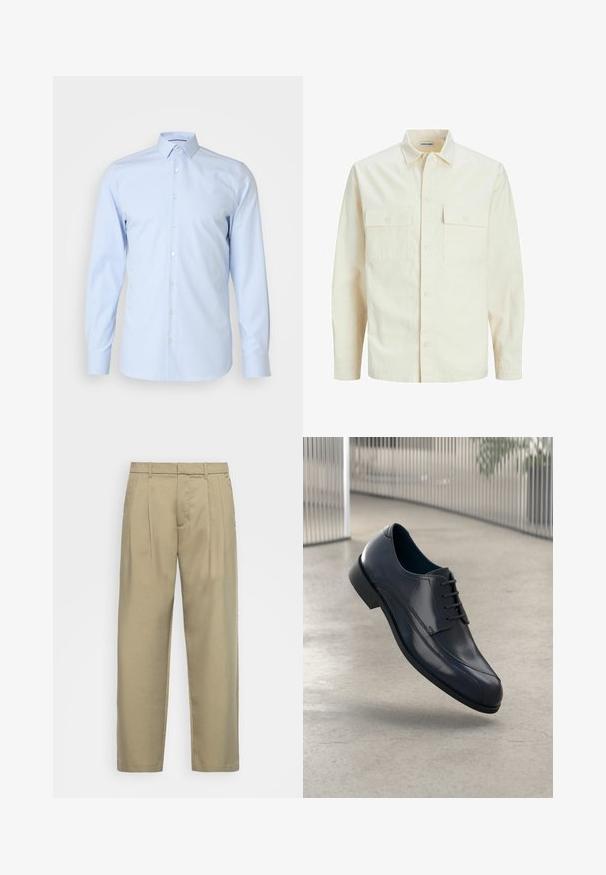 Világos bézs színű, hosszú ujjú ing, galléros nyakkal, két elülső zsebbel, gombos záródással és struktúrált anyaggal.; Világoskék, gombos ing, hosszú ujjú, klasszikus gallérral, sima anyagból készült, elöl fehér gombokkal, minimális dizájnnal.; Beige, magas derékú, egyenes szabású nadrág, lapos elejével, oldalsó zsebeivel és sima, textúrált anyagával.; Fényes fekete bőrcipő fűzőkkel, lebeg egy sima, világosszürke padló felett, háttérben függő fémboltokkal.