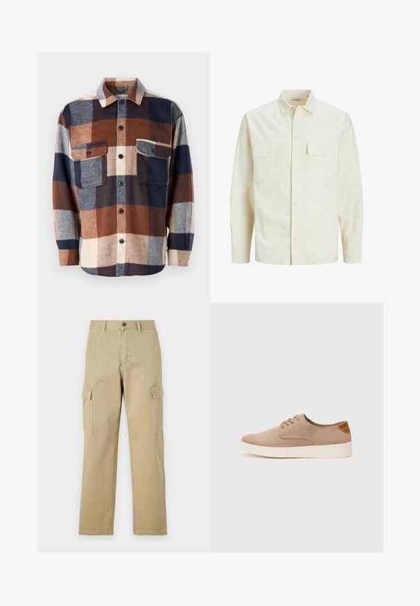 Cămașă lungă cu mâneci lungi de culoare bej deschis, cu guler, două buzunare frontale, închidere cu butoane și un material texturat.; Cămașă flanelată în carouri, cu nuanțe de maro, albastru marin și crem. Prezintă un sistem de închidere cu nasturi, două buzunare la piept și un guler răspândit. Textură moale.; Pantaloni cargo bej din bumbac, cu două buzunare laterale, închidere cu nasture și picioare drepte dintr-un material ușor texturat.; Tenisi din suede bej cu vârf rotund, sistem de șireturi în față și un accent texturat în spate. Talpa albă din cauciuc oferă un contrast. Design simplu și modern.