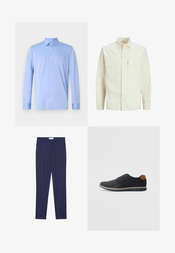 Cămașă lungă cu mâneci lungi de culoare bej deschis, cu guler, două buzunare frontale, închidere cu butoane și un material texturat.; Cămașă cu butoni de culoare albastru deschis, cu mâneci lungi, guler clasic și nasturi albi. Materialul pare neted cu o textură subtilă.; Pantaloni de uniformă navy confecționați dintr-un material neted, cu front plat, două buzunare laterale, fermoar și tiv curat, fără modele sau accente.; Pantofi sintetici negri cu un superior texturat, accente netede, toc maro și o talpă contrastantă. Prezintă un șnur minimalist și detalii de cusătură.