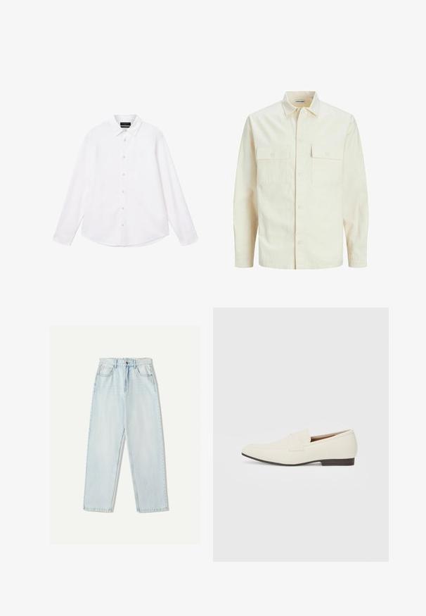 Hellbeige Langarmhemd mit klassischem Kragen, zwei Fronttaschen, Knopfverschluss und strukturiertem Stoff.; Weißes Langarmhemd mit klassischem Kragen und Knopfleiste, mit glatter Textur und dezentem Logo-Detail auf der Brust.; Helle blaue Denim-Jeans mit lässiger Passform, geradem Beindesign, Fünf-Taschen-Stil und dezentem Verblassen des Stoffes.; Hellbeige Slipper mit spitzem Zehenbereich, glattem Material, einem Riemen über dem Vorderfuß und einer niedrigen braunen Sohle. Einfaches Design mit minimalen Akzenten.