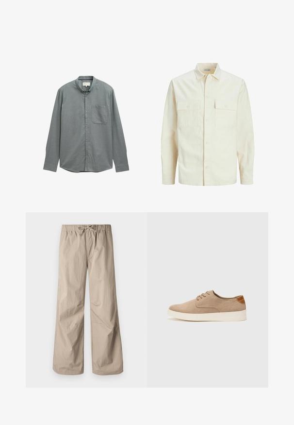 Svijetlo bež košulja dugih rukava s ovratnikom, dva prednja džepa, zatvaranje na dugmad i teksturirani materijal.; Svijetlosiva košulja s dugim rukavima, otvorenim ovratnikom i jednim džepom na prsima. Izrađena od mekog, teksturiranog materijala.; Bež hlače širokih nogavica s elastičnim pojasom i vezicom. Glatka tekstura, dva bočna džepa i minimalni šavovi za opuštenu prilagodbu.; Bež nubuk tenisice s okruglim vrhom, vezanjem sprijeda i teksturiranim stražnjim naglaskom. Bijela gumena potpetica pruža kontrast. Jednostavan i moderan dizajn.