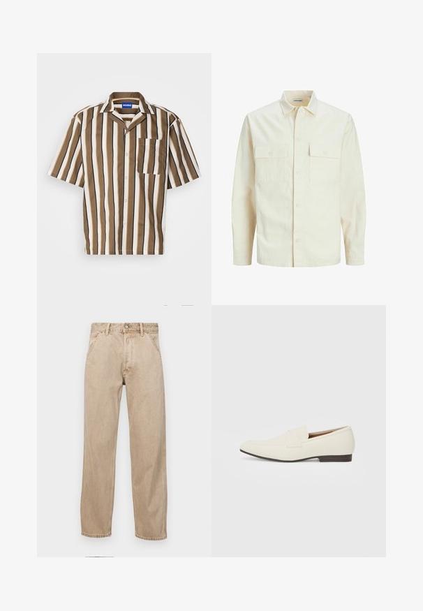 Jasno beżowa koszula z długim rękawem, z kołnierzykiem, dwoma kieszeniami z przodu, zapięciem na guziki i teksturowanym materiałem.; Koszula z krótkim rękawem w pionowe paski w kolorze brązowym, beżowym i białym. Posiada kołnierzyk z klapą oraz jedną kieszonkę na piersi. Wykonana z gładkiego materiału.; Beżowe dżinsy o prostym kroju, z przednimi kieszeniami, metalowym zapięciem na guzik i delikatną teksturą.; Jasne beżowe mokasyny z wąskim noskiem, gładkim materiałem, paskiem na wierzchu stopy oraz niską brązową podeszwą. Prosty design z minimalnymi akcentami.