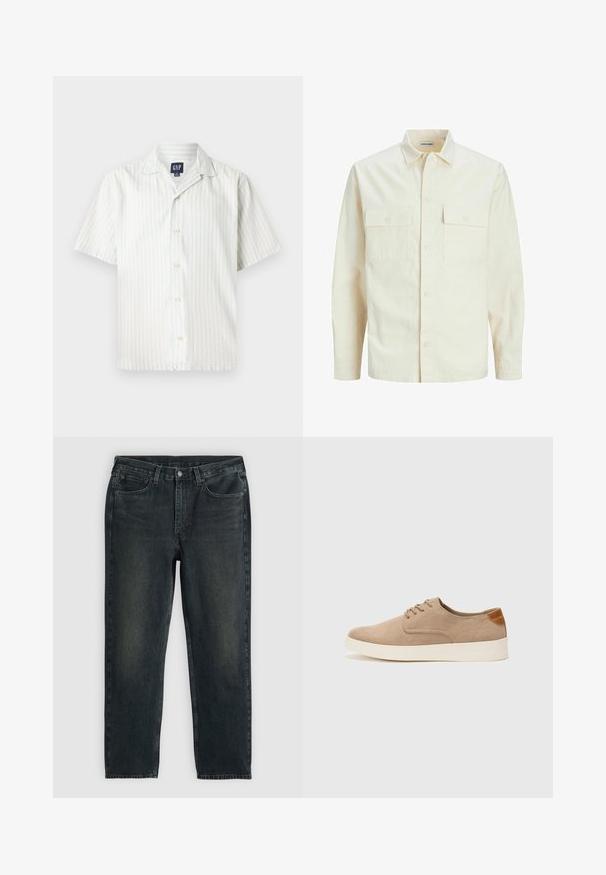 Hellbeige Langarmhemd mit klassischem Kragen, zwei Fronttaschen, Knopfverschluss und strukturiertem Stoff.; Kurzarm-Hemd mit Knöpfen in Hellblau und weißen vertikalen Streifen, aus Baumwollstoff gefertigt, mit spitzem Kragen und vorderen Knöpfen.; Dunkelblaue Jeans aus Denim mit geradem Bein, fünf Taschen, Reißverschluss und kontrastierenden Nähten. Dezente Ausbleichungen im Stoff.; Beige Wildleder-Sneaker mit runder Zehenpartie, Schnürung und strukturiertem Rückenteil. Die weiße Gummisohle sorgt für einen Kontrast. Einfaches und modernes Design.