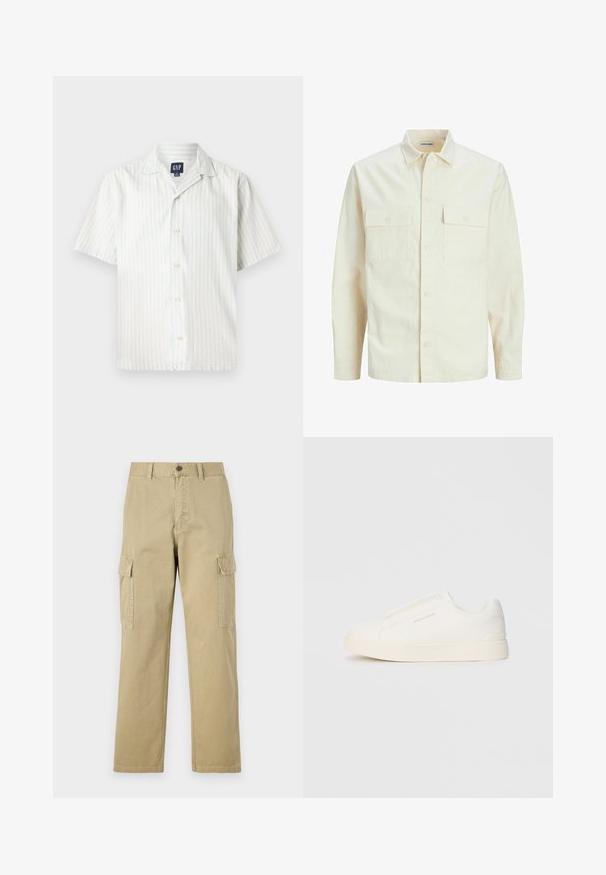 Chemise longue à manches longues beige clair avec un col, deux poches frontales, fermeture à boutons et un tissu texturé.; Chemise à manches courtes à boutons, en rayures verticales bleu clair et blanches, en tissu coton, avec un col pointu et des boutons sur le devant.; Pantalons cargo beiges en coton, dotés de deux poches latérales, d'une fermeture à bouton et de jambes droites avec un tissu légèrement texturé.; Baskets blanches sans lacets avec une surface texturée, une semelle épaisse et un design minimaliste. Présente le logo de la marque sur le côté.