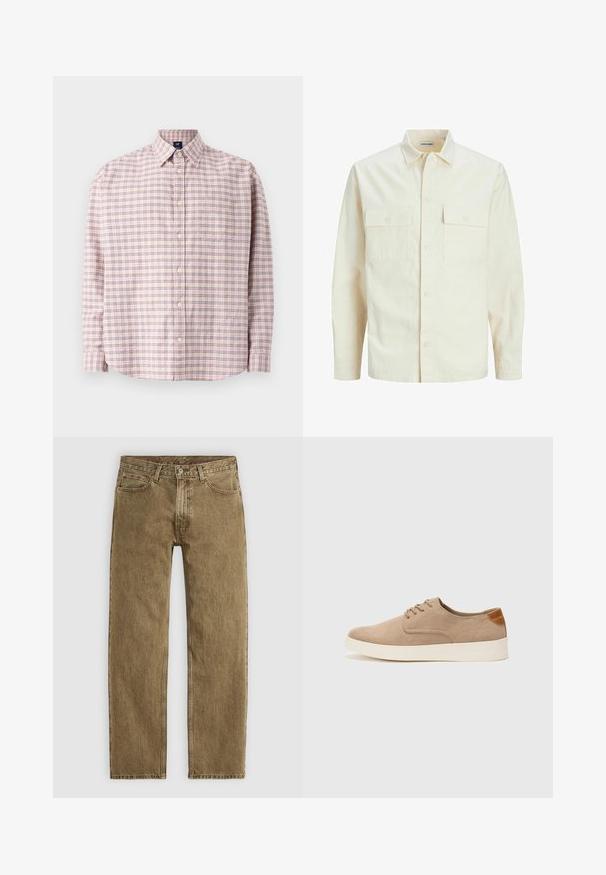 Šviesiai smėlio spalvos ilgomis rankovėmis marškiniai su apykakle, dviem priekinėmis kišenėmis, mygtukų uždarymu ir tekstūruota medžiaga.; Šviesiai rožinė languota marškinė su ilgomis rankovėmis, su tamsiai mėlynomis ir smėlinėmis linijomis, su suapvalintu kraštu ir viena kišenė ant krūtinės.; Šviesiai rudi džinsai, tiesaus kirpimo, su penkių kišenių dizainu ir vario spalvos detalėmis. Tekstūruota medžiaga su matomais siuvimo elementais.; Bežiniai zomšiniai sportbačiai su apvaliomis pirštų dalimis, raišteliais priekyje ir tekstūruotu užkulniu. Balta guma suteikia kontrastą. Paprastas ir modernus dizainas.