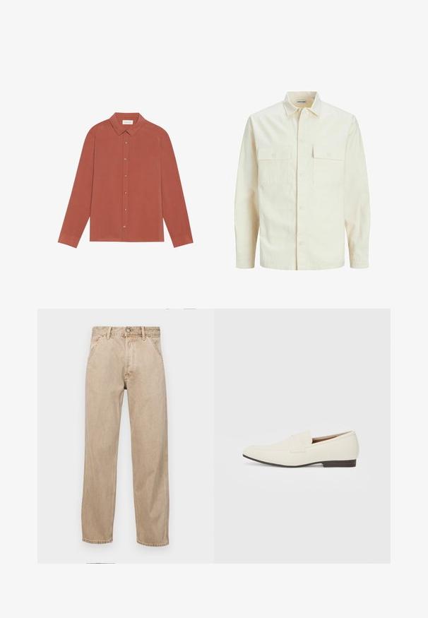 Svetlo béžová košeľa s dlhým rukávom, s golierom, dvoma prednými vreckami, zapínaním na gombíky a textúrovanou látkou.; Košeľa v hrdzavej farbe s dlhými rukávmi, golierom, gombíkovým zapínaním a plochými manžetami. Hladká textúra a čisté línie; bez vzorov alebo ozdôb.; Bežové denimové rifle so strihom rovného nohu, s prednými vreckami, kovovým zapínaním na gombík a jemnou textúrou.; Svetlé béžové mokasíny s špicatou špičkou, hladkým materiálom, pásikom cez vamp a nízkou hnedou podrážkou. Jednoduchý dizajn s minimálnymi akcentmi.