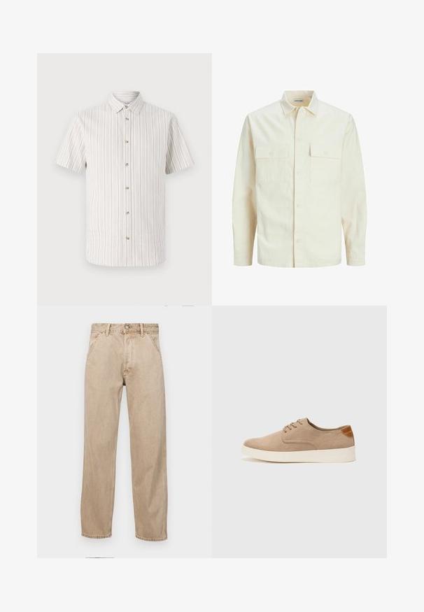 Svijetlo bež košulja dugih rukava s ovratnikom, dva prednja džepa, zatvaranje na dugmad i teksturirani materijal.; Košulja kratkih rukava od svijetlo bež tkanine s tankim okomitim prugama. Sadrži ovratnik s dugmetima i prednje zatvaranje na pet dugmadi.; Bež teksas traperice ravnog kroja, s prednjim džepovima, metalnim zakopčavanjem i suptilnom teksturom.; Bež nubuk tenisice s okruglim vrhom, vezanjem sprijeda i teksturiranim stražnjim naglaskom. Bijela gumena potpetica pruža kontrast. Jednostavan i moderan dizajn.