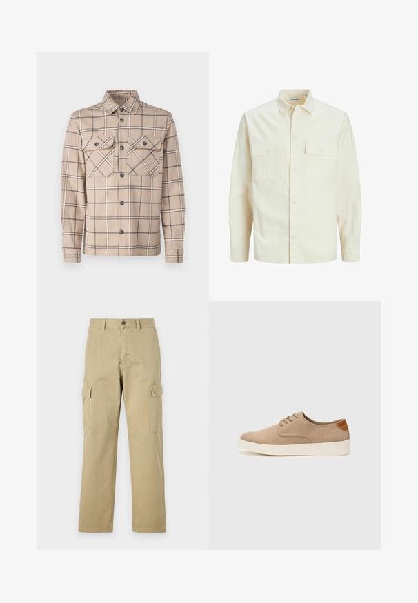 Cămașă lungă cu mâneci lungi de culoare bej deschis, cu guler, două buzunare frontale, închidere cu butoane și un material texturat.; Jachetă cu cămașă în carouri bej, confecționată dintr-un material cu două buzunare pe piept, închidere cu nasturi și accente întunecate într-un model de grilă.; Pantaloni cargo bej din bumbac, cu două buzunare laterale, închidere cu nasture și picioare drepte dintr-un material ușor texturat.; Tenisi din suede bej cu vârf rotund, sistem de șireturi în față și un accent texturat în spate. Talpa albă din cauciuc oferă un contrast. Design simplu și modern.