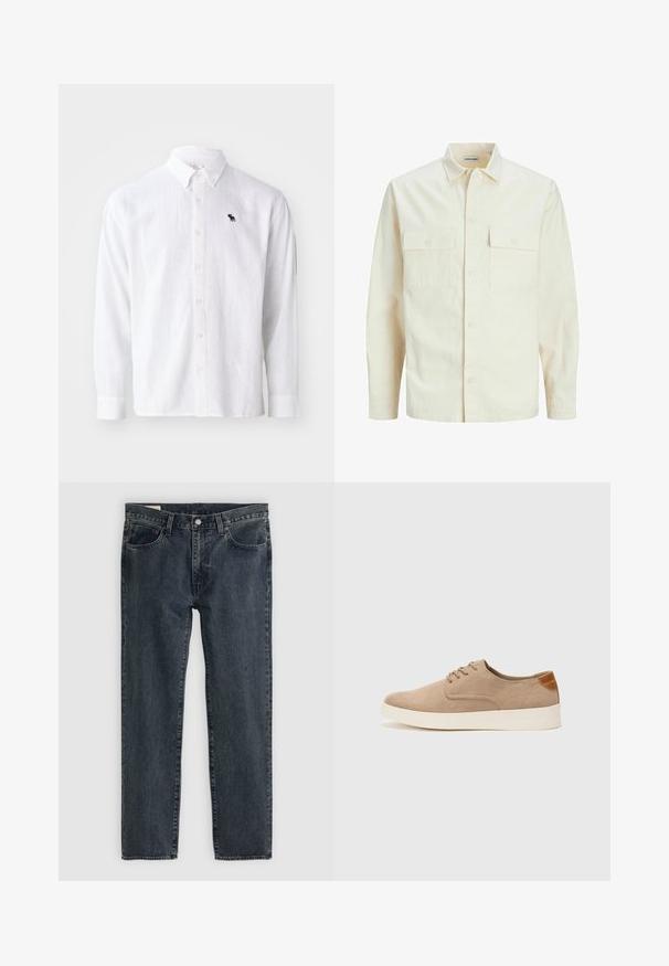 Hellbeige Langarmhemd mit klassischem Kragen, zwei Fronttaschen, Knopfverschluss und strukturiertem Stoff.; Weißes Leinen-Hemd mit langen Ärmeln und Button-Down-Kragen, mit kleinem maritimen Logo in Navy. Weicher Stoff und entspannte Passform mit Knopfverschlüssen.; Dunkelblaue Jeans aus Denim mit geradem Bein, fünf Taschen und einem Knopfverschluss. Der Stoff weist eine subtile Ausbleichung und Textur auf.; Beige Wildleder-Sneaker mit runder Zehenpartie, Schnürung und strukturiertem Rückenteil. Die weiße Gummisohle sorgt für einen Kontrast. Einfaches und modernes Design.