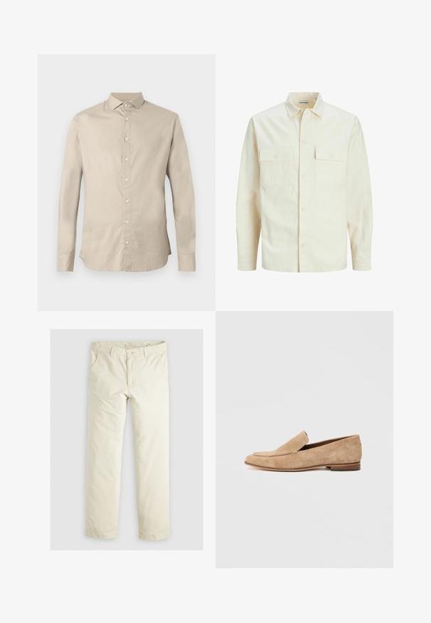 Camicia beige chiaro a maniche lunghe con colletto, due tasche frontali, chiusura a bottoni e un tessuto texturizzato.; Camicia beige a maniche lunghe con colletto a punte, sei bottoni frontali e vestibilità su misura.; Pantaloni ampi di colore beige chiaro con tre tasche, passanti per la cintura e design a gamba dritta. Realizzati in un morbido tessuto misto cotone.; Mocassino in suede beige con tacco basso, punta rotonda e un punto decorativo sulla tomaia. Texture liscia con dettagli minimi.