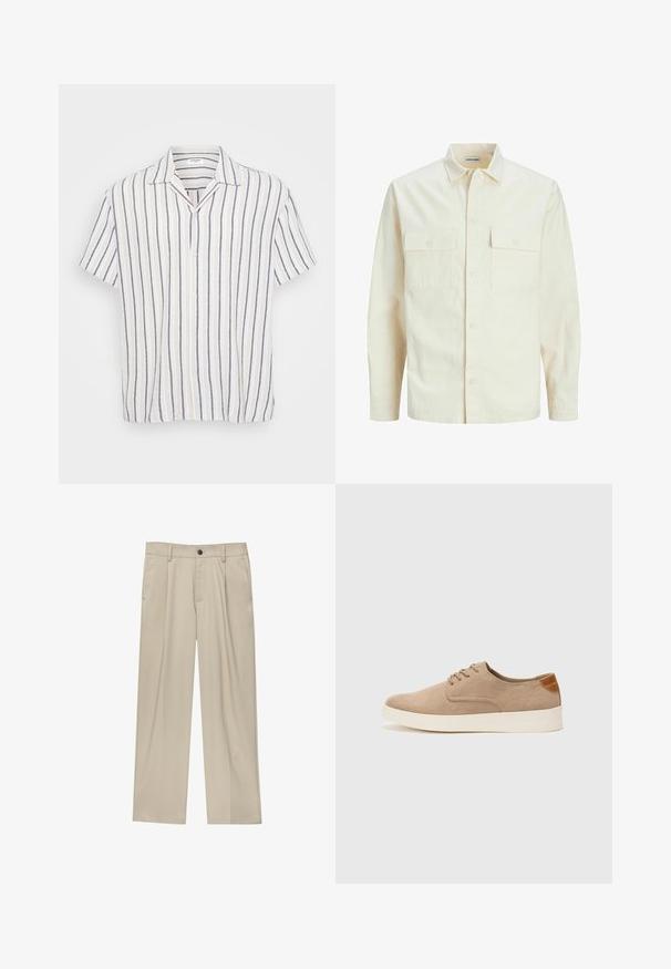 Lichtbeige langemouwen shirt met een kraaghalslijn, twee voorzakken, knoopsluiting en een gestructureerde stof.; Korte mouwen overhemd met knopen, gekenmerkt door verticale strepen in wit, marineblauw en lichtbeige. Gemaakt van lichte stof met een gespreide kraag.; Beige broek met een rechte snit, voorzien van een enkele zwarte knoop, riemlussen en zijzakken. Glad stoffen textuur en een minimalistisch ontwerp.; Beige suède sneakers met een ronde neus, vetersluiting aan de voorkant en een getextureerde achteraccent. De witte rubberen zool zorgt voor contrast. Eenvoudig en modern ontwerp.