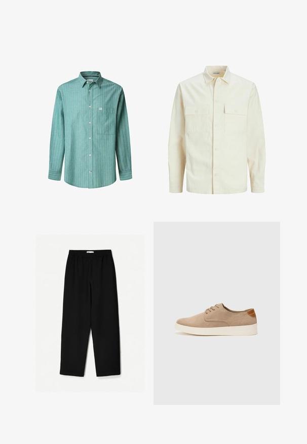 Camicia beige chiaro a maniche lunghe con colletto, due tasche frontali, chiusura a bottoni e un tessuto texturizzato.; Camicia button-up a righe verdi con maniche lunghe, linee verticali azzurro chiaro e bianche, una tasca sul petto e un piccolo logo del marchio.; Pantaloni neri a gamba larga realizzati in un tessuto leggero. Presentano una vita elasticizzata e una texture liscia. Senza motivi visibili o accessori.; Sneaker in suede beige con punta arrotondata, stringhe davanti e un accento testurizzato sul retro. La suola in gomma bianca offre un contrasto. Design semplice e moderno.