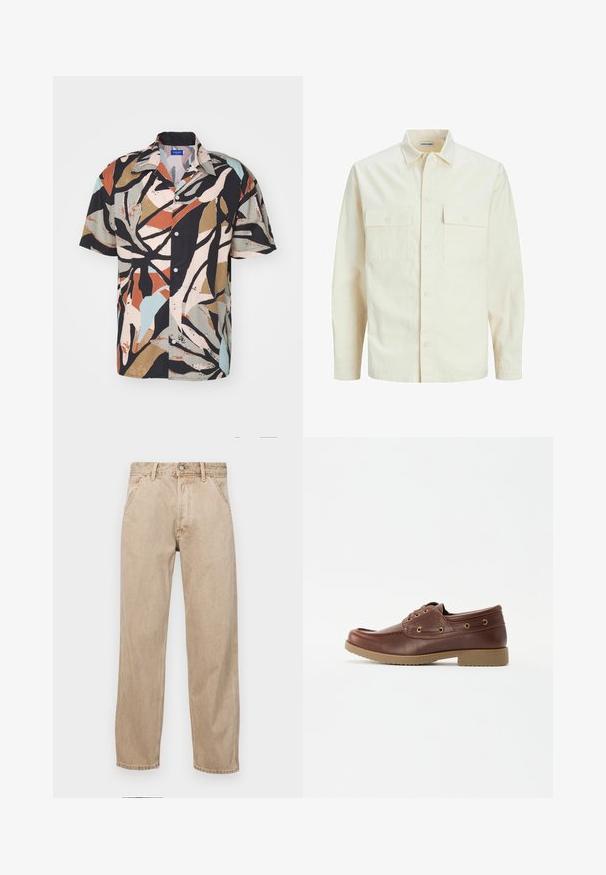 Chemise longue à manches longues beige clair avec un col, deux poches frontales, fermeture à boutons et un tissu texturé.; Chemise à manches courtes avec un motif de feuilles abstraites multicolores sur fond noir, fabriquée en tissu léger avec une coupe décontractée.; Jeans en denim beige avec une coupe droite, dotés de poches avant, d'une fermeture à bouton en métal et d'une texture subtile.; Bateau en cuir marron avec un bout rond, semelle texturée, œillets dorés et détails de couture le long du dessus pour un design classique.