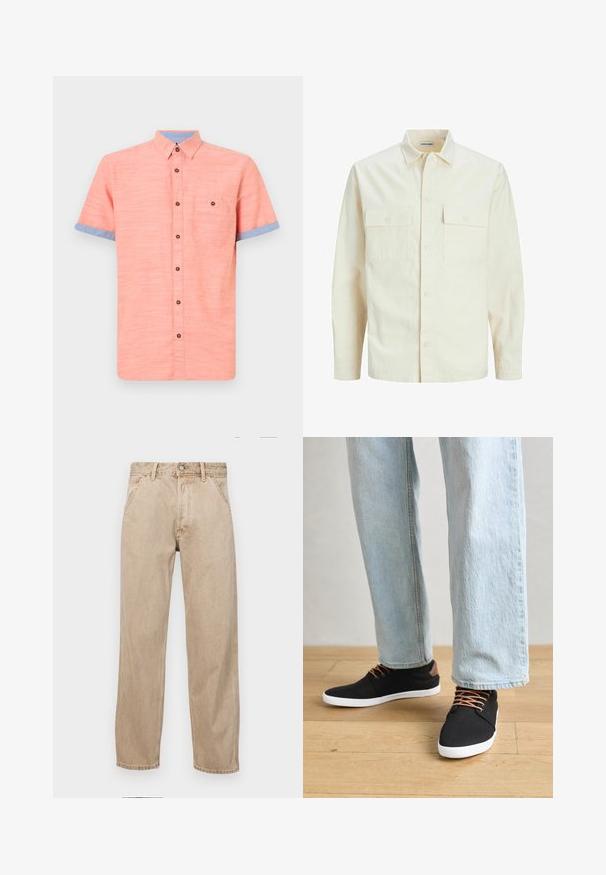 Svetlo bež srajca z dolgimi rokavi, ovratnim izrezom, dvema sprednjima žepoma, zapenjanjem na gumbe in teksturirano tkanino.; Kratek rokav s srajčnim gumbom v koralni barvi, z modrimi ovratniki in poudarki na manšetah, z žepom na zalogi in rjavimi gumbi. Teksturna tkanina.; Beige jeans iz džinsa s ravnim nogavicama, ki imajo sprednje žepe, kovinsko zapiranje in subtilno teksturo.; Črne platnene superge z rjavimi poudarki, belimi gumijastimi podplati in rjavimi vezalkami, v kombinaciji s svetlobluzimi naravnost krojenimi kavbojkami. Ozadje iz lesenih tal.
