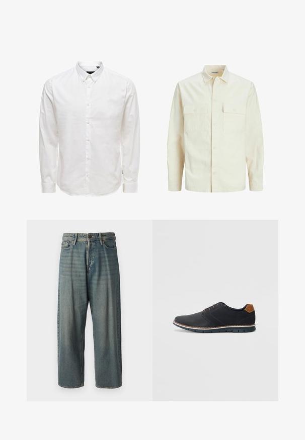 Light beige long-sleeve shirt with a collared neckline, two front pockets, button closure, and a textured fabric.; White long-sleeve button-up shirt with a collar, featuring a smooth texture and six front buttons. Tailored fit with cuffed sleeves.; Light blue denim jeans with a loose fit, mid-rise waist, and straight legs. Features five pockets, belt loops, and a button closure.; Black synthetic shoes with a textured upper, smooth accents, brown heel, and a contrasting sole. Features minimal lacing and stitch details.