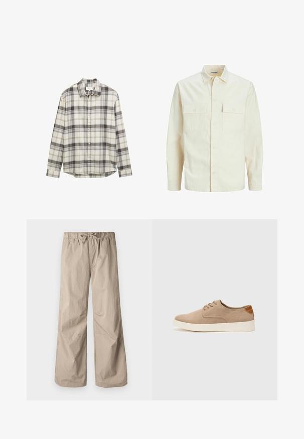 Lichtbeige langemouwen shirt met een kraaghalslijn, twee voorzakken, knoopsluiting en een gestructureerde stof.; Langarmige geruite overhemd in beige en grijstinten, met een button-down kraag en een rechte zoom. Gemaakt van gestructureerde stof.; Beige wijde broek met een elastische tailleband en trekkoord. Gladde textuur, twee zijzakken en minimale naden voor een relaxte pasvorm.; Beige suède sneakers met een ronde neus, vetersluiting aan de voorkant en een getextureerde achteraccent. De witte rubberen zool zorgt voor contrast. Eenvoudig en modern ontwerp.