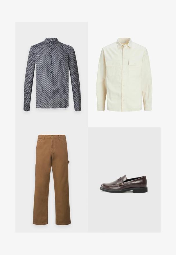 Gai bēšs garām piedurknēm krekls ar apkakles izgriezumu, divām priekšējām kabatām, pogu aizdari un teksturētu audumu.; Tumši zilas krāsas garām piedurknēm pogājama krekla ar atkārtotu baltu ziedu rakstu. Iezīmēts ar norādītu apkakli un priekšējām pogām. Gluda auduma tekstūra.; Brūni kokvilnas kravas bikses ar taisnām kājām, ar sānu kabatām un metāla pogu aizdari jostasvietā. Gluda tekstūra un ikdienišķs dizains.; Brūni ādas loaferi ar gludu apdari, ar smalku izšuvumu augšdaļā un melnu gumijas zoli.