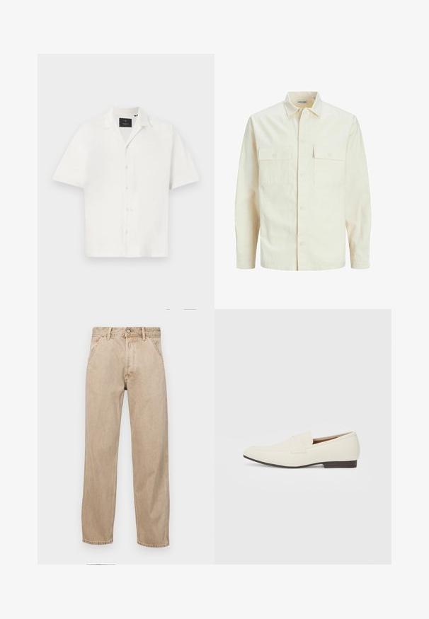 Hellbeige Langarmhemd mit klassischem Kragen, zwei Fronttaschen, Knopfverschluss und strukturiertem Stoff.; Kurzärmliges weißes Hemd aus strukturiertem Stoff, mit einem Kragen und vier Knöpfen auf der Vorderseite. Minimales Design ohne zusätzliche Muster.; Beige Denim-Jeans mit geradem Beinschnitt, ausgestattet mit Vordertaschen, einem Metallknopfverschluss und feiner Textur.; Hellbeige Slipper mit spitzem Zehenbereich, glattem Material, einem Riemen über dem Vorderfuß und einer niedrigen braunen Sohle. Einfaches Design mit minimalen Akzenten.