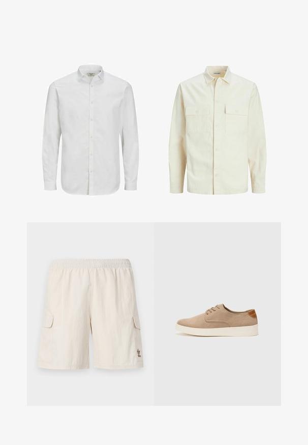 Gai bēšs garām piedurknēm krekls ar apkakles izgriezumu, divām priekšējām kabatām, pogu aizdari un teksturētu audumu.; Balta, garām piedurknēm apģērbta krekla uzpogām, kas izgatavots no kokvilnas, ar klasisku apkakli, taisnu griezumu un smalku tekstūru. Standarta pogu aizdare.; Beige kravas šorti ar elastīgu jostu, divām sānu kabatām un nelielu logotipu apakšējā labajā stūrī. Gluda, viegla auduma.; Beige zamšādas kedas ar noapaļotu purngala daļu, auklēm saplacinātu priekšpusi un teksturētu aizmugures akcentu. Balta gumijas zole nodrošina kontrastu. Vienkāršs un mūsdienīgs dizains.