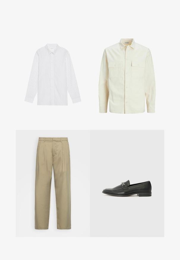 Kergedbež pika-särk pikkade varrukatega, krae ja kahe eespool asuva taskuga, nööpidega kinnitamine ja reljeefne materjal.; Valge nööpidega särk, millel on peened mustad vertikaalsed triibud, klassikalise kraega ja pikkade varrukatega, millel on nööpidega mansetid.; Beežid, kõrge vöökoht ja sirge lõikega püksid, millel on lame esiosa, küljetaskud ja sile, tekstuuriga kangas.; Must haveate nahkking punased, millel on sile viimistlus, tikitud muster ja dekoratiivne metallkett vampi üle. Tasane konts.