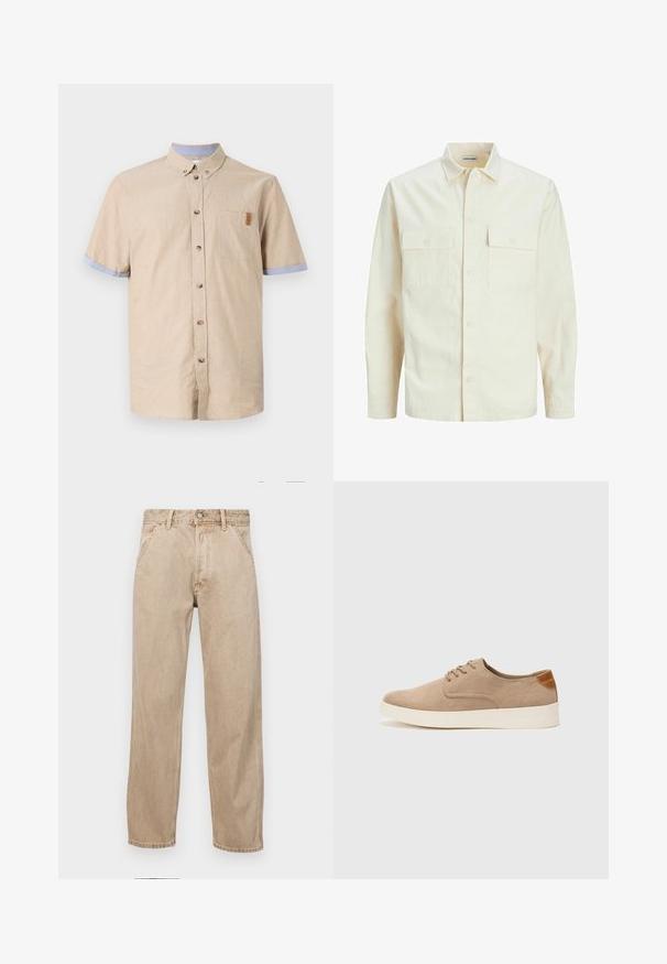 Camicia beige chiaro a maniche lunghe con colletto, due tasche frontali, chiusura a bottoni e un tessuto texturizzato.; Camicia a maniche corte con bottoni in lino beige con dettagli blu sulle maniche. Caratterizzata da una tasca sul petto e bottoni marroni. Texture liscia.; Jeans in denim beige con un design a gamba dritta, dotati di tasche frontali, chiusura con bottone metallico e una texture delicata.; Sneaker in suede beige con punta arrotondata, stringhe davanti e un accento testurizzato sul retro. La suola in gomma bianca offre un contrasto. Design semplice e moderno.