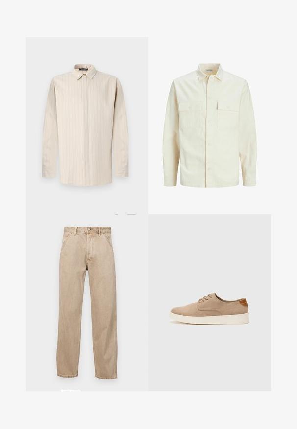 Gai bēšs garām piedurknēm krekls ar apkakles izgriezumu, divām priekšējām kabatām, pogu aizdari un teksturētu audumu.; Gai bēša garām piedurknēm krekls ar pogu apkakli, ar vertikālām svītrām, taisnu griezumu un vienas pogas aprocēm.; Beige džinsi ar taisnu kāju dizainu, ar priekšējiem kabatām, metāla pogu aizdari un smalku faktūru.; Beige zamšādas kedas ar noapaļotu purngala daļu, auklēm saplacinātu priekšpusi un teksturētu aizmugures akcentu. Balta gumijas zole nodrošina kontrastu. Vienkāršs un mūsdienīgs dizains.