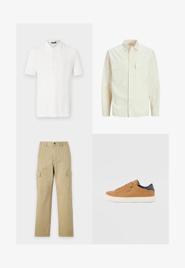 Gai bēšs garām piedurknēm krekls ar apkakles izgriezumu, divām priekšējām kabatām, pogu aizdari un teksturētu audumu.; Balta īsām piedurknēm adīta krekla, kas raksturīga ar teksturētu rakstu, norādītu apkakli un piecu pogu aizdari priekšpusē. Gluda auduma apdare.; Beige kravas bikses no kokvilnas, kas aprīkotas ar divām sānu kabatām, pogu aizdari un taisnām kājām ar nedaudz teksturētu audumu.; Brūni ādas sporta apavi ar baltu gumijas zoli, ar apaļām šņorēm, zilu akcentu un gludu tekstūru. Vienkāršs, zems profils dizains.