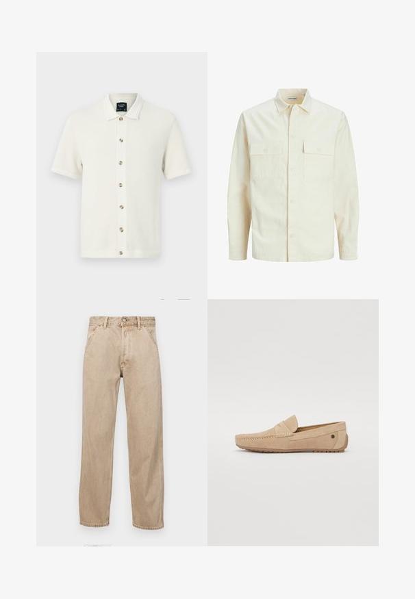 Svetlo béžová košeľa s dlhým rukávom, s golierom, dvoma prednými vreckami, zapínaním na gombíky a textúrovanou látkou.; Pletená polo košeľa v off-white farbe s textúrovaným vzorom, krátkymi rukávmi, gombíkovým zapínaním s kontrastnými gombíkmi a plochým golierom.; Bežové denimové rifle so strihom rovného nohu, s prednými vreckami, kovovým zapínaním na gombík a jemnou textúrou.; Jack & Jones JFWJENSEN - Mokasíny - moonbeam