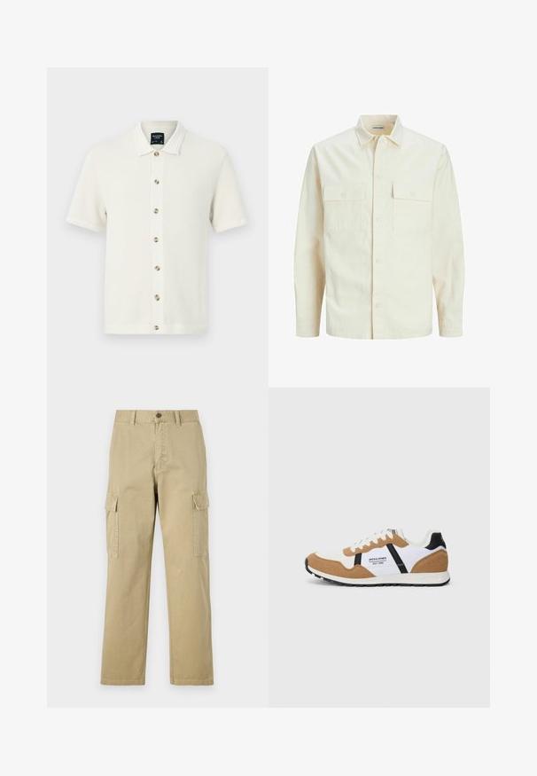 Camicia beige chiaro a maniche lunghe con colletto, due tasche frontali, chiusura a bottoni e un tessuto texturizzato.; Polo shirt lavorato a maglia in bianco sporco con un motivo testurizzato, maniche corte, chiusura frontale con bottoni a contrasto e colletto piatto.; Pantaloni cargo beige in cotone, dotati di due tasche laterali, chiusura con bottone e gamba dritta con tessuto leggermente texture.; Sneaker in stile retrò con suede bianco e beige, dettagli neri, lacci bianchi e logo "Jack & Jones EST. 1990" sul lato.