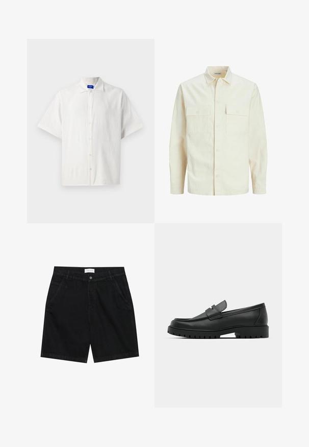 Lichtbeige langemouwen shirt met een kraaghalslijn, twee voorzakken, knoopsluiting en een gestructureerde stof.; Kortebloemige, witte overhemden met knopen, gemaakt van lichtgewicht stof, met een klassieke kraag en subtiele textuur. De knopen zijn gelijkmatig geplaatst.; Zwarte spijkerbroekshorts met een klassieke pasvorm, voorzien van twee voorkruiszakken, een knoopsluiting en een label bij de tailleband. Gestructureerde stof.; Zwarte leren instappers met een ronde neus, voorzien van een gestikt ontwerp, een lage platformzool en een gestructureerde, grof rubberen buitenzool.