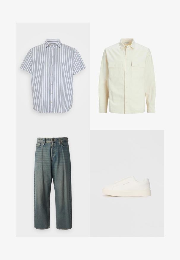 Világos bézs színű, hosszú ujjú ing, galléros nyakkal, két elülső zsebbel, gombos záródással és struktúrált anyaggal.; Rövid ujjú, fehér ing kékkel vertikális csíkokkal. Klasszikus gallérral és fából készült gombokkal van ellátva az elején.; Világoskék farmernadrág, laza fazonnal, közepes derékbőséggel és egyenes szárral. Öt zsebet, övbucskát és gombos záródást tartalmaz.; Fehér slip-on sportcipők texturált felülettel, vastag talppal és minimalista dizájnnal. Az oldalon a márka logója található.