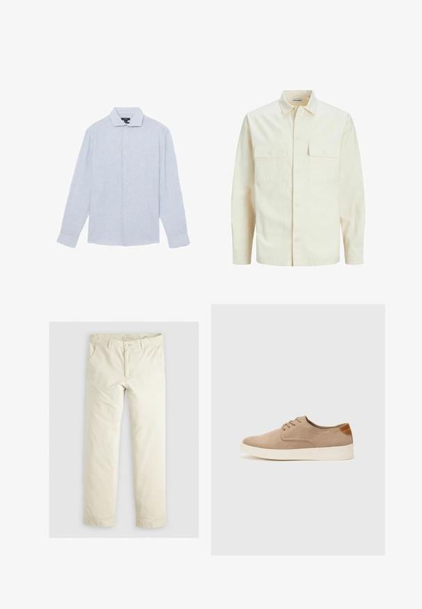 Kergedbež pika-särk pikkade varrukatega, krae ja kahe eespool asuva taskuga, nööpidega kinnitamine ja reljeefne materjal.; Heledad sinine triibuline pikkade varrukatega nööbiga särk, puuvillane materjal, kaelus, vertikaalsed triibud ja nööbid ees.; Heledadbež püksid, millel on lõtv istuvus, kolm taskut, vöökohad ja sirge lõikega disain. Valmistatud pehmest puuvillasegust materjalist.; Beežid nahast tossud ümarate varvastega, paeltega esiosa ja tekstuuriga tagakontuuriga. Valge kummist tallapakkumine loob kontrasti. Lihtne ja kaasaegne disain.