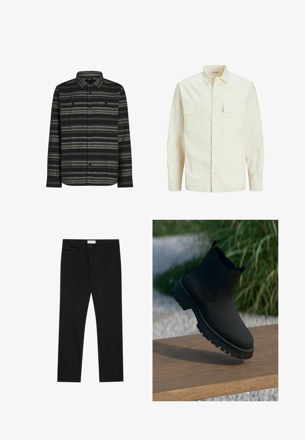 Šviesiai smėlio spalvos ilgomis rankovėmis marškiniai su apykakle, dviem priekinėmis kišenėmis, mygtukų uždarymu ir tekstūruota medžiaga.; Juodas ilgomis rankovėmis marškinys su horizontaliomis pilkomis juostelėmis, su sagomis priekyje ir dviem krūtinės kišenėmis. Pagamintas iš minkštos medžiagos su tekstūruotu paviršiumi.; Juodos tiesios kojų džinsai su penkių kišenių dizainu, mygtuko ir užtrauktuko uždarymu bei "Pier One" prekės ženklo etikete ant juosmens.; Juodos kulkšninių botų, su lygia apdaila, elastingomis šoninėmis juostomis ir stora, tvirta padu. Sufokusuoti gamtos fone ant medinės dangos.