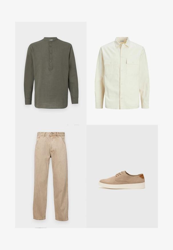 Vaaleanbeige pitkähihaisen paidan, jossa on kaulukset, kaksi etutaskua, nappikiinnitys ja tekstiilissä on tekstuuria.; Vihreä pellavapaita pitkillä hihoilla, jossa on pystykaulus, viiden napin lista ja suora helma. Kevyt rakenne ja rento muotoilu.; Beige farkkuhousut suoranlahkeisella muotoilulla, joissa on etutaskut, metallinen nappisulku ja hillitty rakenne.; Beige nubuck-lenkkarit, joissa on pyöreä kärki, nauhakiinnitys ja teksturoitu takaosa. Valkoinen kumipohja tuo kontrastia. Yksinkertainen ja moderni muotoilu.