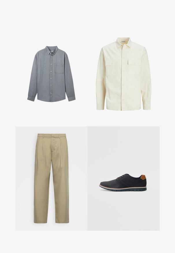 Světle béžová košile s dlouhým rukávem, límečkem, dvěma předními kapsami, zapínáním na knoflíky a strukturovanou tkaninou.; Šedá košile na knoflíky s dlouhými rukávy, límečkem, jednou kapsou na hrudi a strukturovaným materiálem. Zapíná se na viditelné knoflíky vpředu.; Beige kalhoty s vysokým pasem a rovnýmlíčkem, s plochým předním dílem, bočními kapsami a hladkým, strukturovaným materiálem.; Černé syntetické boty s texturovaným svrškem, hladkými detaily, hnědým podpatkem a kontrastní podrážkou. Obsahují minimální šněrování a švy.
