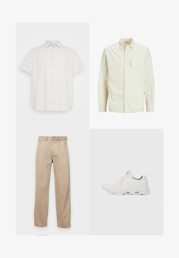Világos bézs színű, hosszú ujjú ing, galléros nyakkal, két elülső zsebbel, gombos záródással és struktúrált anyaggal.; Rövid ujjú, világos bézs színű gombos ing, függőleges csíkokkal különböző árnyalatokban. Klasszikus gallérral és könnyű szövet textúrával rendelkezik.; Beige színű farmernadrág egyenes fazonnal, elülső zsebekkel, fém gombos záródással és diszkrét textúrával.; Fehér sportcipők, texturált kötött felsőrésszel, lapos fűzőkkel és párnázott talppal, amely látható légkamrákkal rendelkezik a megerősített kényelem érdekében.