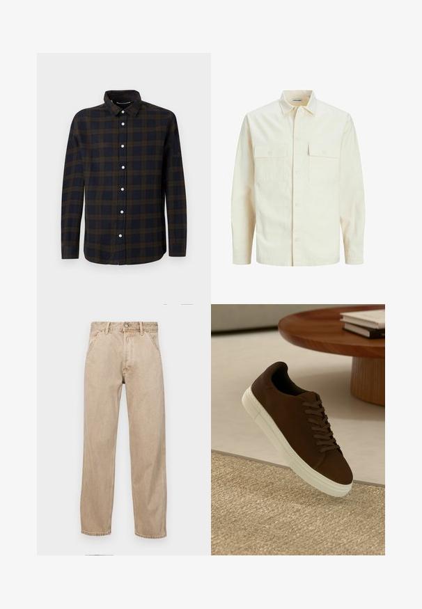 Svetlo bež srajca z dolgimi rokavi, ovratnim izrezom, dvema sprednjima žepoma, zapenjanjem na gumbe in teksturirano tkanino.; Srajca z dolgimi rokavi temno modre barve s rjavim karo vzorcem. Narejena iz mehke tkanine, z zapenjanjem na gumbe in klasičnim ovratnikom.; Beige jeans iz džinsa s ravnim nogavicama, ki imajo sprednje žepe, kovinsko zapiranje in subtilno teksturo.; Rjavi semišni čevlji s ravnimi vezalkami in belim gumijastim podplatom, z zaobljenim prstom in minimalističnim dizajnom, postavljeni na teksturirano površino.