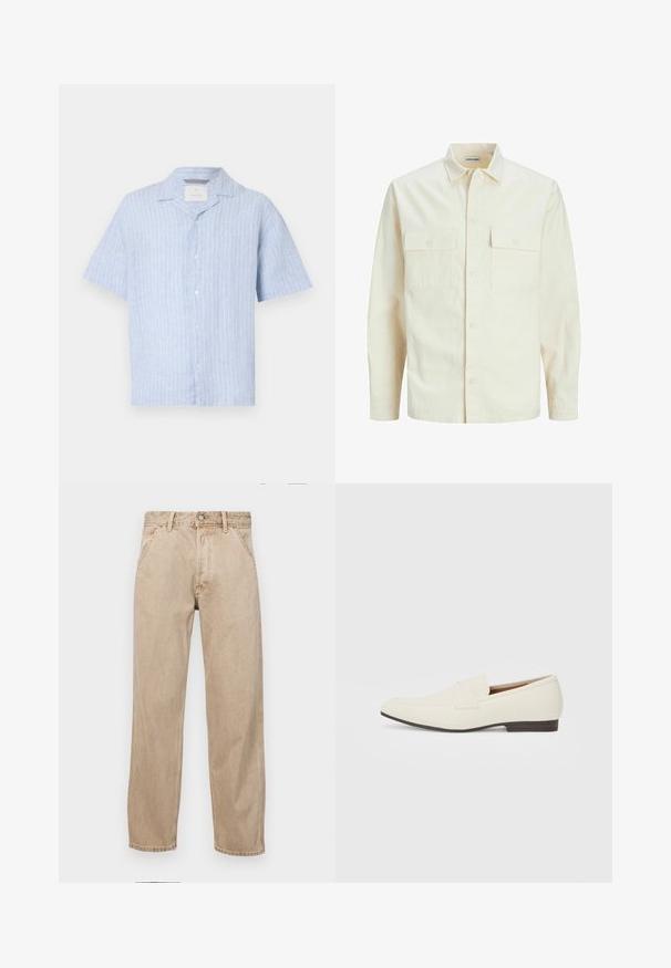 Gai bēšs garām piedurknēm krekls ar apkakles izgriezumu, divām priekšējām kabatām, pogu aizdari un teksturētu audumu.; Gai zila īsām piedurknēm krekla izgatavots no lina ar vertikālām baltām svītrām, ar norādītu apkakli un pieciem pogām priekšpusē.; Beige džinsi ar taisnu kāju dizainu, ar priekšējiem kabatām, metāla pogu aizdari un smalku faktūru.; Gai bēša kurpes ar smailu pirkstu, gludu materiālu, siksnu pāri pēdas daļai un zemu brūnu zoli. Vienkāršs dizains ar minimāliem akcentiem.