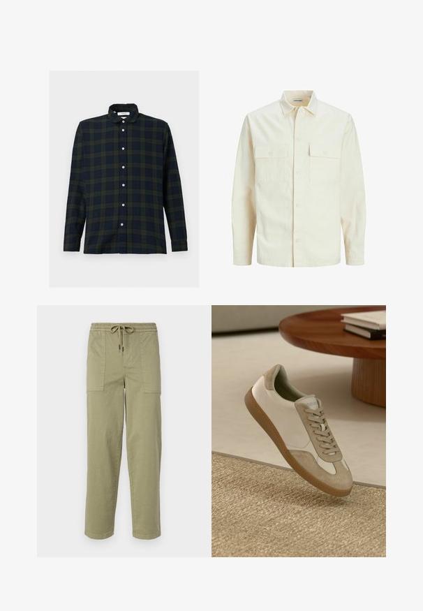 Šviesiai smėlio spalvos ilgomis rankovėmis marškiniai su apykakle, dviem priekinėmis kišenėmis, mygtukų uždarymu ir tekstūruota medžiaga.; Tamsiai žalia ir tamsiai mėlyna languota ilgomis rankovėmis marška, pagaminta iš medvilnės, su mygtukų apykakle ir priekiniais mygtukais.; Šviesiai alyvuogių žalios spalvos kelnės, pagamintos iš medvilnės mišinio, su elastingu liemeniu ir raišteliu, bei dviem didelėmis šoninėmis kišenėmis.; Lengvas sportinis batelis su baltu odiniu viršumi, su kreminėmis zomšos detalėmis, apvalia nosimi ir tekstūruotu rudu guminio padu.