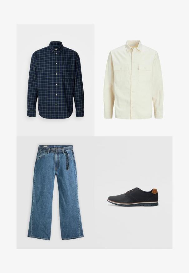 Svetlo bež srajca z dolgimi rokavi, ovratnim izrezom, dvema sprednjima žepoma, zapenjanjem na gumbe in teksturirano tkanino.; Mornarsko in temno zeleno karo srajco iz bombaža z ovratnikom na gumbe, dolgimi rokavi in žepom na prsih, opremljeno z okroglimi gumbi.; Modre široke kavbojke z naramnicami, sprednjimi žepe in vidnimi šivi na enostavni svetli podlagi.; Črne sintetične čevlje z teksturirano zgornjščino, gladkimi akcenti, rjavim petnim delom in kontrastnim podplatom. Imajo minimalno vezanje in detajle šivanja.