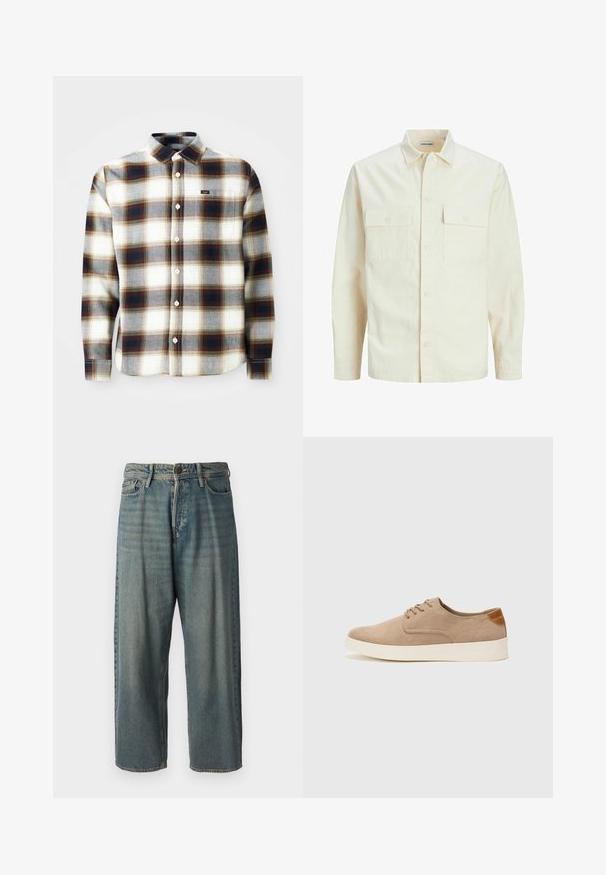 Camicia beige chiaro a maniche lunghe con colletto, due tasche frontali, chiusura a bottoni e un tessuto texturizzato.; Camicia a maniche lunghe a quadri bianca, grigia e marrone. Presenta un design con bottoni, colletto classico e un piccolo logo del marchio sul petto.; Jeans di denim azzurro chiaro con vestibilità ampia, vita media e gambe dritte. Presenta cinque tasche, passanti per cintura e chiusura con bottone.; Sneaker in suede beige con punta arrotondata, stringhe davanti e un accento testurizzato sul retro. La suola in gomma bianca offre un contrasto. Design semplice e moderno.