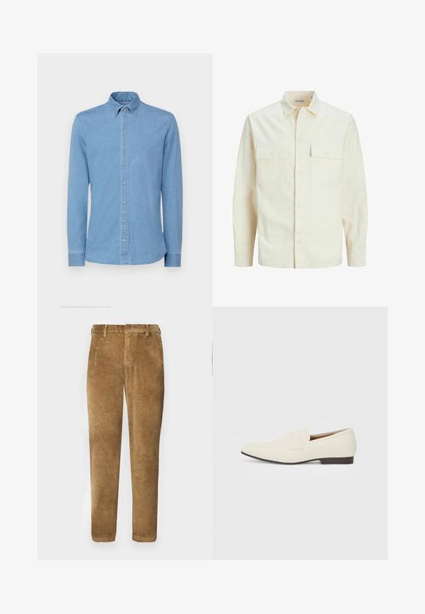 Kergedbež pika-särk pikkade varrukatega, krae ja kahe eespool asuva taskuga, nööpidega kinnitamine ja reljeefne materjal.; Hele sinine teksane shirt pikka varrukatega, nööbid all ja eesmine nööbiklipp. Eesmisel küljel on peenelt brodéeeritud logo.; Pruunid korduroy püksid vertikaalse ribakonstruktsiooniga, sirge lõikega, nööbiga kinnitamine ja vöörihmadega. Sile kangas pehme viimistlusega.; Heledadbeez loafers, millelise lõpp, sile materjal, rihm üle vampi ja madal pruun talla. Lihtne disain minimaalse aktsentidega.