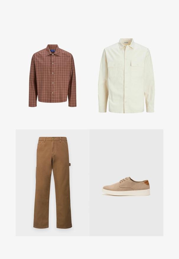 Camisa de manga larga color beige claro con cuello, dos bolsillos frontales, cierre de botones y una tela texturizada.; Camisa de cuadros roja y marrón, con cuello puntiagudo, mangas largas y botones blancos, hecha de una tela ligera y texturizada.; Pantalones cargo de algodón marrón con piernas rectas, que presentan bolsillos laterales y un cierre de botón metálico en la cintura. Textura suave y diseño casual.; Zapatillas de ante beige con puntera redondeada, cordones en la parte delantera y un acento texturizado en la parte trasera. La suela de goma blanca proporciona contraste. Diseño sencillo y moderno.