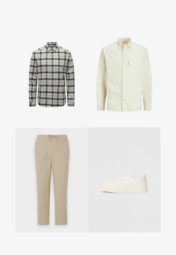 Camisa de manga larga color beige claro con cuello, dos bolsillos frontales, cierre de botones y una tela texturizada.; Camisa de botones en gris claro con un patrón a cuadros en azul marino y marrón, con mangas largas, cuello puntiagudo y detalles de botones.; Pantalones de lounge beige con cinturilla elástica y cordón, que presentan un diseño de pierna recta y una textura suave y lisa.; Zapatillas blancas tipo slip-on con una superficie texturizada, suela gruesa y diseño minimalista. Presenta el logo de la marca en un lado.