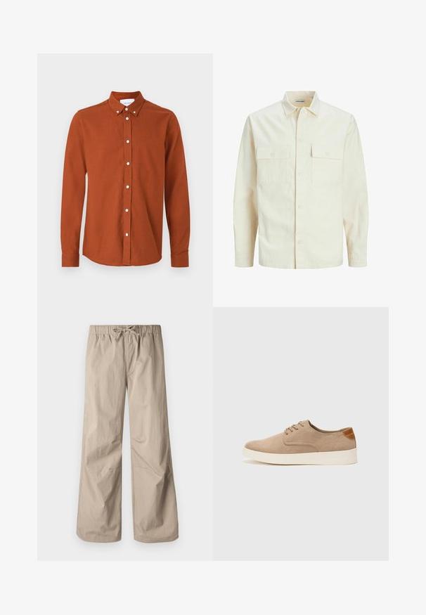 Kergedbež pika-särk pikkade varrukatega, krae ja kahe eespool asuva taskuga, nööpidega kinnitamine ja reljeefne materjal.; Roostäheline pikkade varrukatega särk, mis on valmistatud tekstuursetest kangast, millel on nööbid alla, valged nööbid ja peenelt tikitud logo.; Beežid laiad püksid elastse vöökoha ja tõmbluku abil. Sile tekstuur, kaks küljetaskut ja minimaalsed õmblused, et tagada mugav istuvus.; Beežid nahast tossud ümarate varvastega, paeltega esiosa ja tekstuuriga tagakontuuriga. Valge kummist tallapakkumine loob kontrasti. Lihtne ja kaasaegne disain.