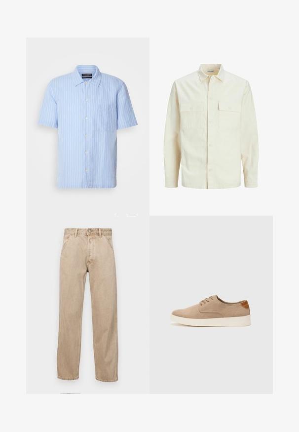 Camisa de manga larga color beige claro con cuello, dos bolsillos frontales, cierre de botones y una tela texturizada.; Marc O'Polo CAMP COLLAR SHORT SLEEVES ONE RECTANGULAR CHEST POCKET SLITS AT SIDE SEAMS - Camisa - multi homestead blue; Jeans de mezclilla beige con un diseño de pierna recta, que cuentan con bolsillos frontales, cierre de botón de metal y una textura sutil.; Zapatillas de ante beige con puntera redondeada, cordones en la parte delantera y un acento texturizado en la parte trasera. La suela de goma blanca proporciona contraste. Diseño sencillo y moderno.