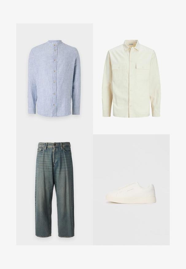 Chemise longue à manches longues beige clair avec un col, deux poches frontales, fermeture à boutons et un tissu texturé.; Chemise rayée bleu et blanc avec col montant, manches longues, fermeture à boutons sur le devant et texture horizontale subtile. Équipée de boutons en ton doré.; Jeans en denim bleu clair avec une coupe ample, taille mi-haute et jambes droites. Comprend cinq poches, des passants de ceinture et une fermeture à bouton.; Baskets blanches sans lacets avec une surface texturée, une semelle épaisse et un design minimaliste. Présente le logo de la marque sur le côté.