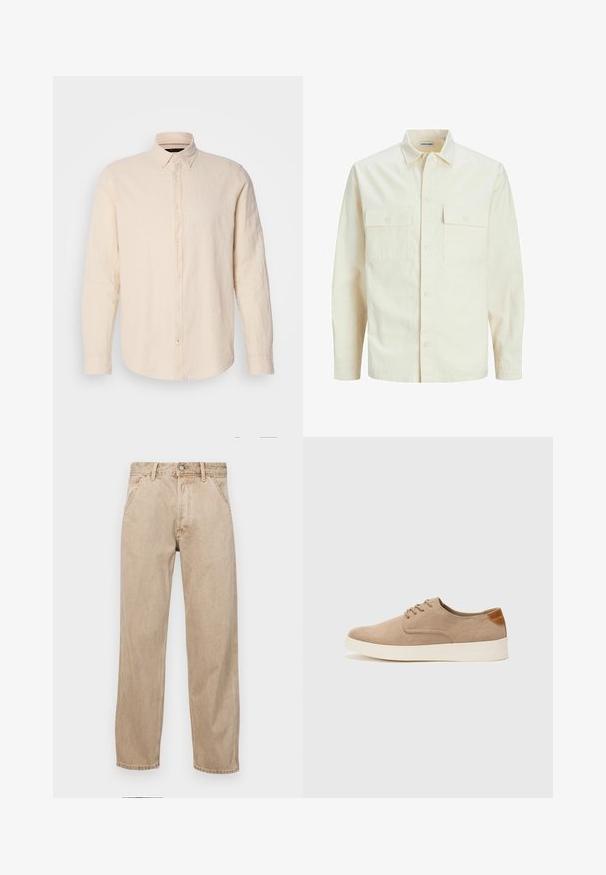 Light beige long-sleeve shirt with a collared neckline, two front pockets, button closure, and a textured fabric.; Long-sleeve, button-up shirt in light beige linen with a collar, featuring a slightly textured fabric and matching button accents.; Beige denim jeans with a straight leg design, featuring front pockets, a metal button closure, and subtle texture.; Beige suede sneakers with a rounded toe, lace-up front, and a textured back accent. White rubber sole provides contrast. Simple and modern design.