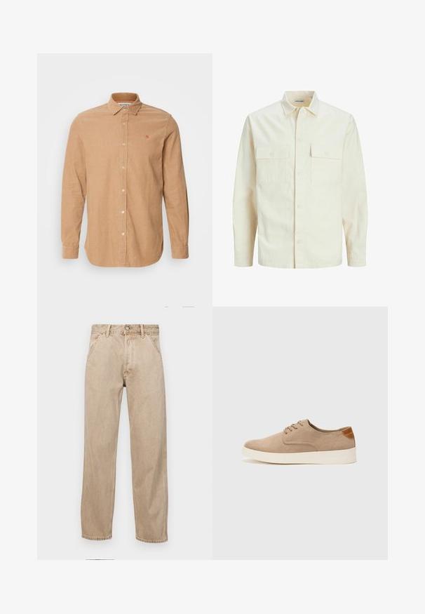 Světle béžová košile s dlouhým rukávem, límečkem, dvěma předními kapsami, zapínáním na knoflíky a strukturovanou tkaninou.; Světlé hnědé manšestrové košile s límcem na knoflíky, dlouhými rukávy, předním zapínáním na knoflíky a oranžovou vyšitou logem na hrudi.; Béžové džíny z denimu se středně širokým střihem, vybavené předními kapsami, kovovým zapínáním na knoflík a jemnou texturou.; Béžové semišové tenisky s kulatou špičkou, šněrováním vpředu a texturovaným zadním akcentem. Bílá gumová podrážka poskytuje kontrast. Jednoduchý a moderní design.